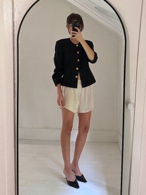 Jones New York Vintage 90s Wool Gold Button Collarless Blazer Size 6 Black